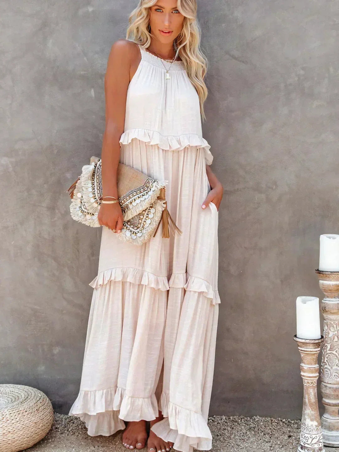 Emilia - Halterneck Ruffle Maxi Dress